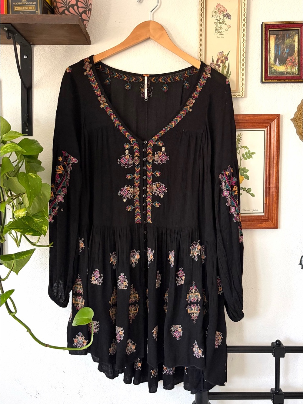 Babydoll Boho Free People Ariana Embroidered Tunic Black Floral - Medium
